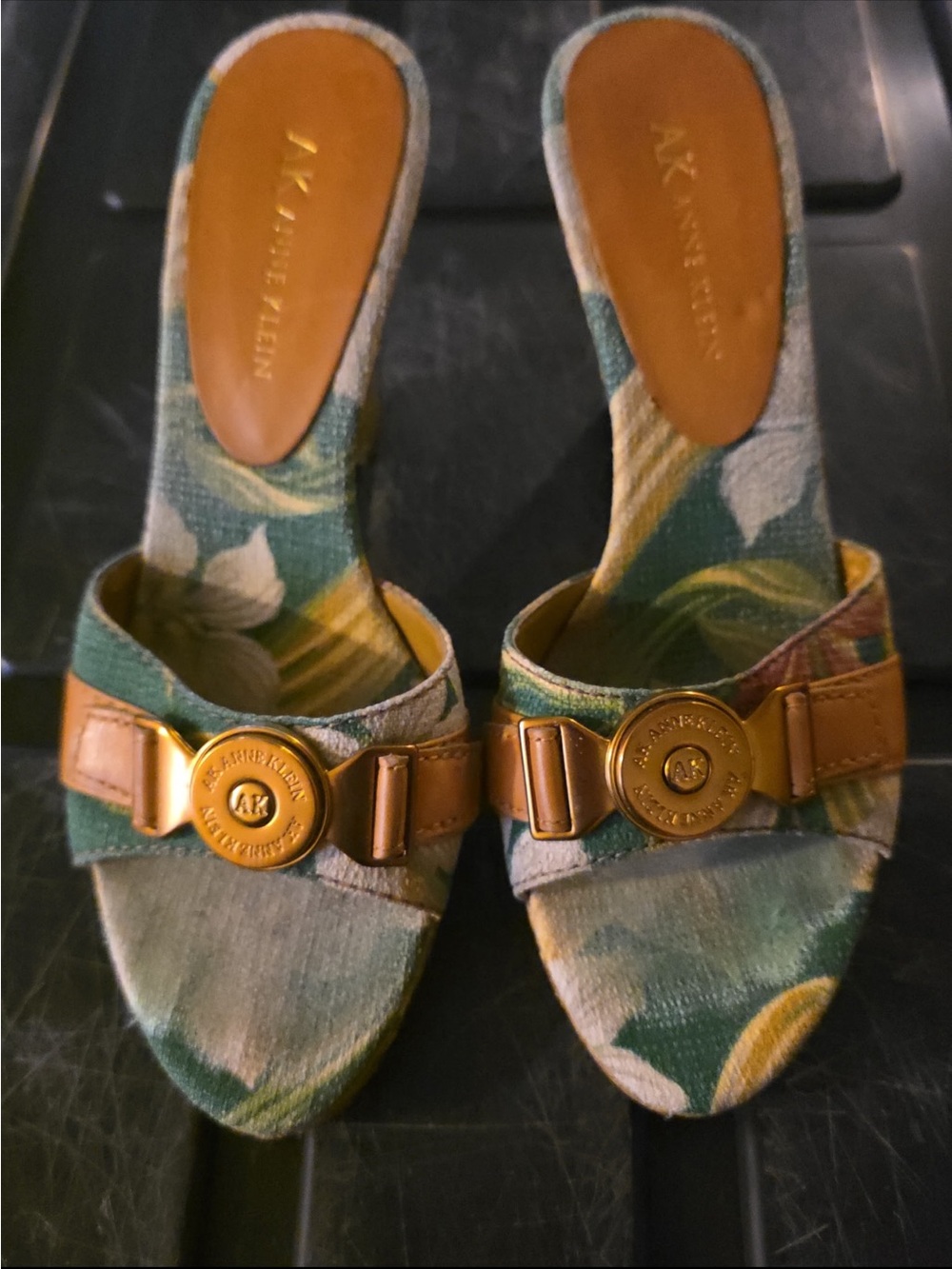 Anne Klein Green Floral Slide Mules with Tan Accents